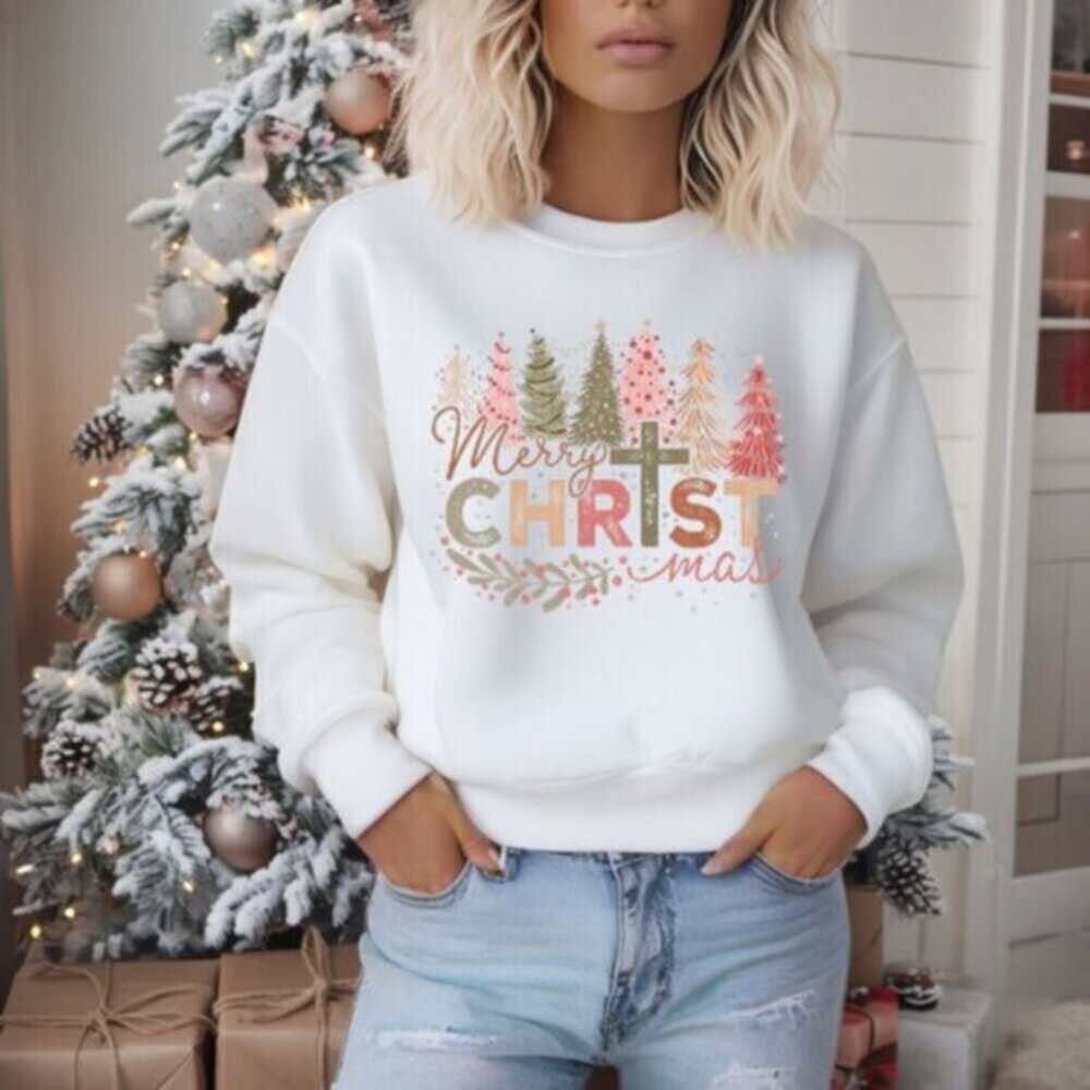 Merry CHRISTmas White Crewneck Sweatshirt Sizes S-3XL